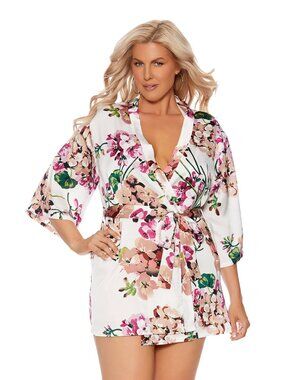 Plus Size Floral Satin Kimono Robe 1X / 2X